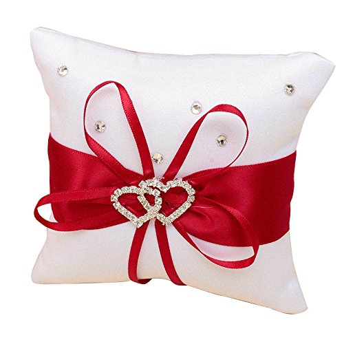SODIAL Cuscino per fedi nuziali cuscino con nastri di raso rosso + bianco 10 cm x 10 cm