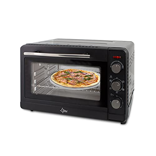 SUNTEC TOO-8502 fornetto multifunzione nero | Con griglia, teglia, spiedo e pietra per pizza | Per pizza, patatine, verdure grigliate, pollo allo spiedo, panini | Max. 1500 watt | Piccolo e compatto