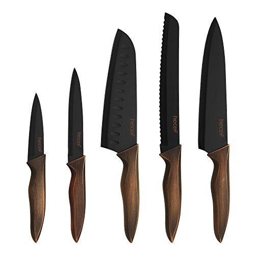 hecef Set di Coltelli da Cucina, Coltelli in Acciaio Inox con Un Nero Rivestimento Antiaderente, Include 8''Coltello da Cucina, 7''Coltello Santoku, 5''Coltello Multiuso e 3,5''Coltello Sbucciatore.