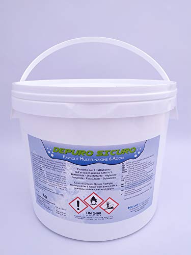 Depuro Sicuro kg 5 Cloro Multifunzione 6 Azioni pastiglie 200 Gr Battericida, Disinfettante, Alghicida, Fungicida, Flocculante, Schiarente, Stabilizzante del Ph