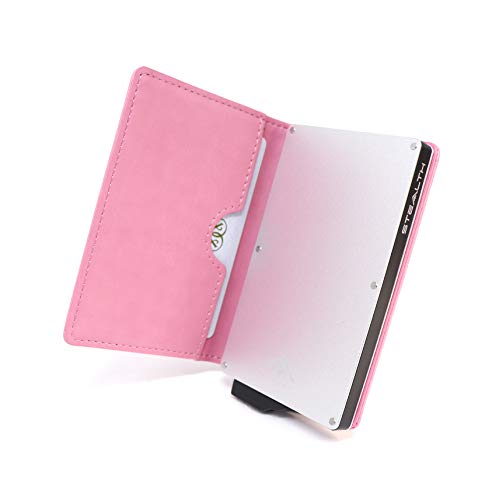 STEALTH WALLET Porta Carte RFID - Portafoglio Pop-up Minimalista - Portafogli Titolare della Carta Credito Leggero e Sottile e Protezione (Alluminio con Pelle Rosa)