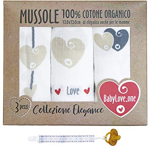 Mussole Neonato In Cotone Morbido ed Organico per Bimbi E Bebè. Ideali Come Asciugamani Copertine Lenzuolini Per Culle Carrozzine. 100% Anallergico 120x120cm Confezione Regalo e Portaciuccio Incluso