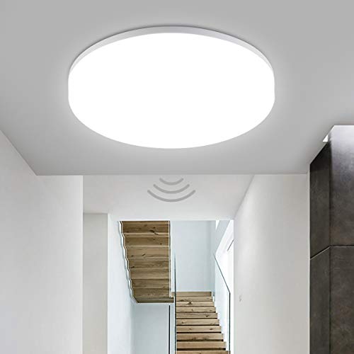 Oeegoo LED Plafoniere Con Sensore di Movimento, 18W 1800LM Lampada da soffitto con sensor a Microonde, Impermeabile IP44 Lampadario per Seminterrato Scale Corridoio, Bianca Naturale 4000K