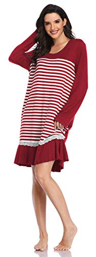 SHEKINI Camicie da Notte in Modale con Volant Manica Lunga Pigiama T-Shirt Vestito Sciolto Premaman Camicia da Notte a Righe(Rosso Vino,M)