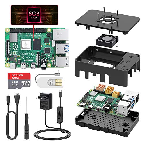 TICTID Raspberry Pi 4 Model B 8GB RAM Starter Kit Aggiornato Raspberry pi 3 con MicroSD Card 32GB, Tipo C Alimentatore 5V 3A con Interruttore, Ventola, Micro HDMI, Custodia e Lettore di Scheda
