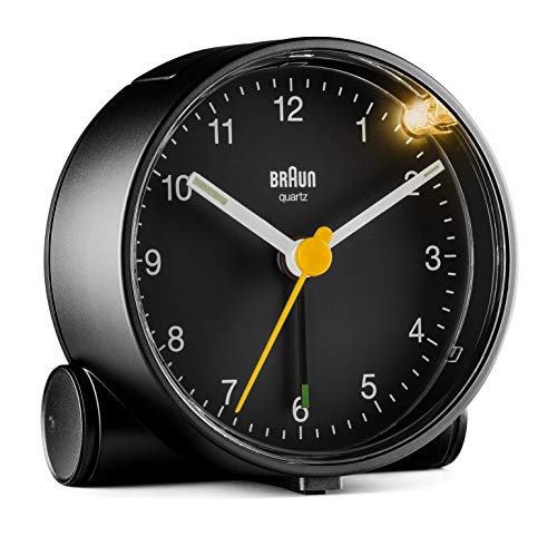 Orologio Sveglia Analogico Classico Braun con Funzione Snooze e Luce, Movimento al Quarzo silenzioso, Suono Sveglia Beep con crescendo, colore nero, modello BC01B.