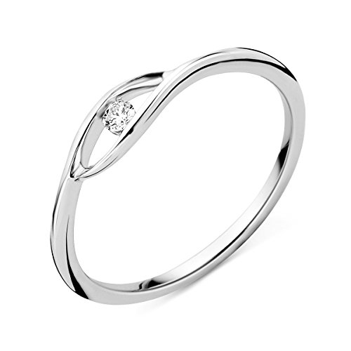 Miore - Anello di fidanzamento da donna in oro bianco con diamante solitario, 9 carati (375), con brillante 0,05 ct
