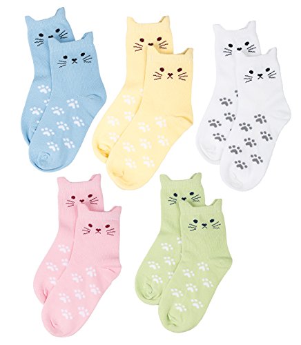 Maiwa calze di cotone da ragazza senza giuntura con modello gattino 5 paia(bambini piccoli 27-30 EU/16cm-18cm)