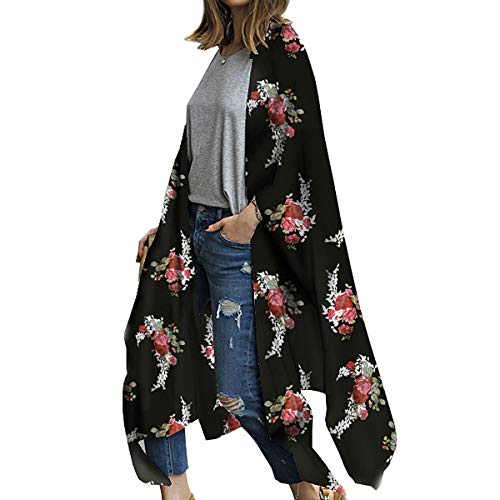 Kimono Cardigan Donna Lungo - Cardigan di Chiffon Donna, Chiffon Floreale Cardigan Kimono Estivo Copricostume Spiaggia Blusa Top (Nera, L)