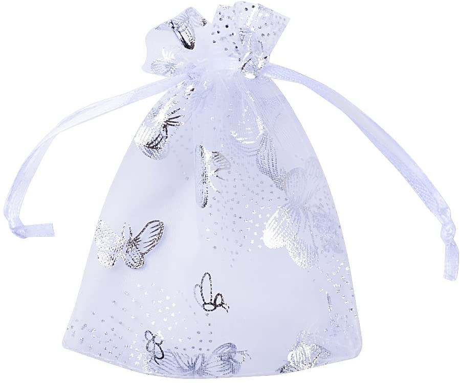 (9 * 12cm) 100pz Sacchetti Organza Bianco Bustine Buste Farfalle Sacchettini per Confetti Gioielli Matrimonio Comunione Battesimo Festa