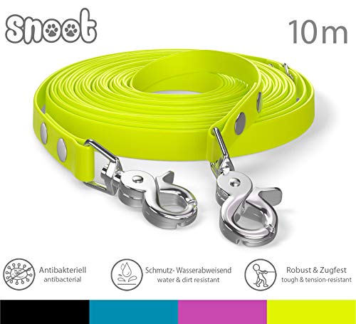 Snoot - Guinzaglio per cani, 10 m, resistente alla trazione e allo sporco, impermeabile, con due moschettoni e anello a D