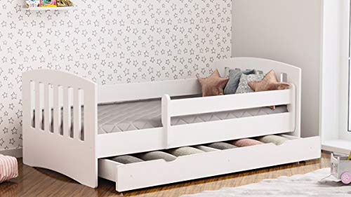 Wonderhome24 Letto per Bambini con Materasso 140x70 160x80 180x80 con sponda anticaduta con barriera cassettone Estraibile e Telaio a doghe per Bambini e Bambine - Classico - Bianco - 80 x 160 cm