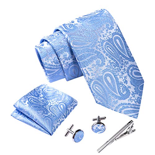 Massi Morino ® Cravatta uomo + Gemelli + Fazzoletto (Set cravatta uomo) regalo uomo con confezione regalo (Paisley azzurro)