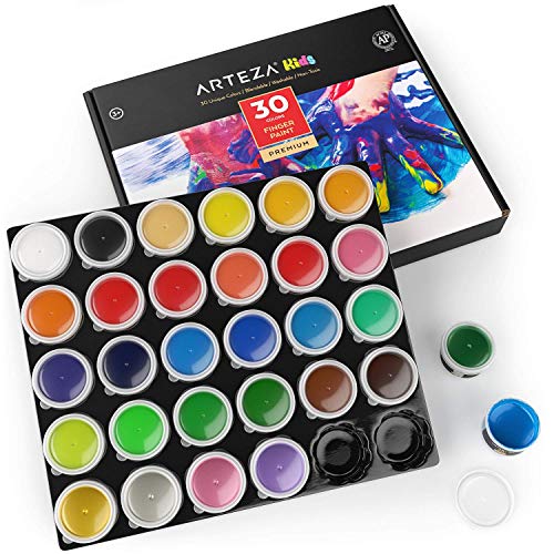 ARTEZA Colori a Dita per Bambini, Atossici, Set di 30 Colori in Contenitori da 30ml, Lavabili, Set Artistico per Bambini per Carta, Tela Tessuti e Progetti Fai-da-Te