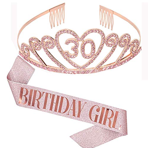 Oro Gold 30 Anni di Compleanno Donna Tiara Birthday Corona 30 Compleanno + “ Birthday Girl” Sash per Feste di Compleanno o Torte di Compleanno Decorazion