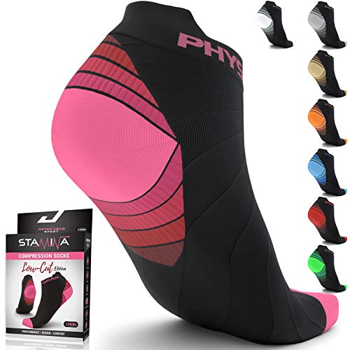 Physix Gear Calze Uomo e Donna a Compressione - Calzini Sportivi Uomo a fantasmino Anti vesciche in Tessuto di qualità - Calze Running per la circolazione e Il Recupero Calzini Corti 2P NER Rosa L/XL