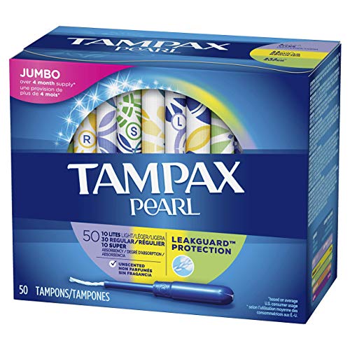 Tampax Pearl Plastic Tampons, Multipack, Light/Regular/Super Absorbency, Unscented, 50 count