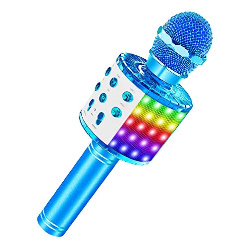 SaponinTree Microfono Karaoke Bluetooth Portatile, Microfono Bluetooth con Luce LED Altoparlante Funzione di Registrazione, Portatile per Bambini per Casa KTV Esterno Festa (blu)