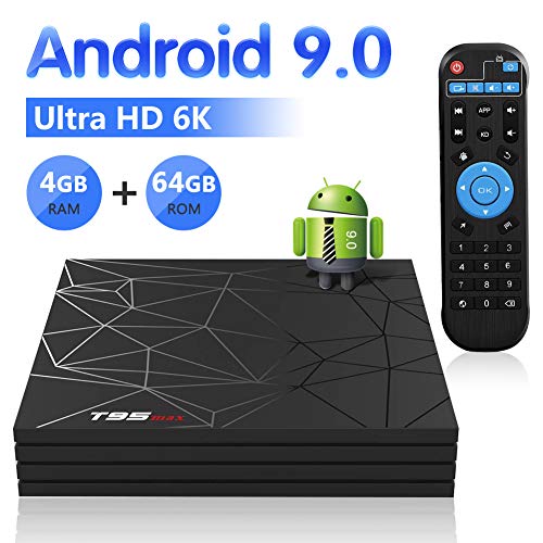 Android 9.0 TV Box, Android BOX 4GB RAM 64GB ROM H6 Quad core corex-A53 Supporto 3D 6K Ultra HD H.265 WiFi 2.4 GHz Ethernet HDMI Smart TV BOX con Remote Control