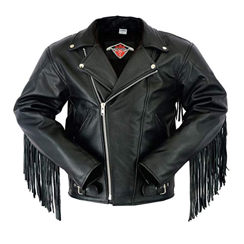 Giacca da uomo per motociclismo - stile Marlon Brando - pelle di prima qualità - con frange - M - 101cm