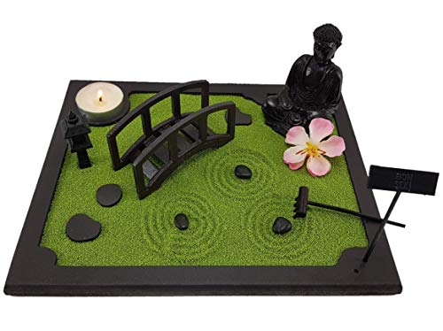 Bonseki®. Giardino Zen da tavolo 20 x 25 cm in Legno. Passo giapponese con ponte e Buddha. Totalmente personalizzabile