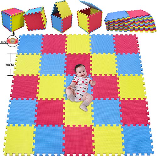 MSHEN 25 Foglio Tappeto Puzzle con Certificato CE e Certificazione in Soffice Schiuma Eva | Tappeto da Gioco per Bambini | Tappetino Puzzle...dimensione2.01 mq,giallo-blu-rosso-EGIg25