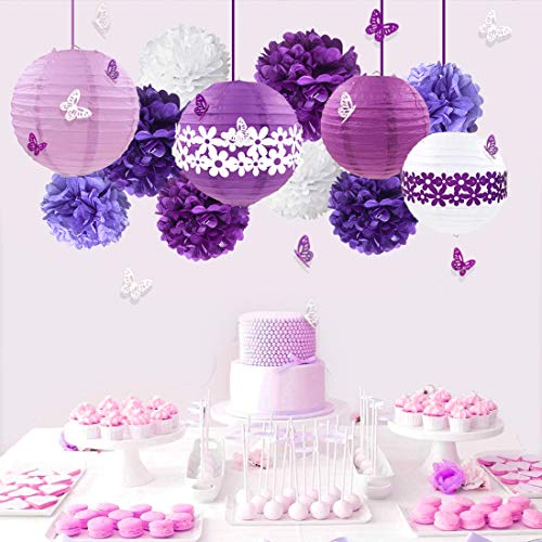 Pink Blume Primavera Estate Bianco Viola Kit Decorazione del Partito Appendere Lanterne di Carta con Ghirlanda di Foglie Verdi 3D Farfalla per Decorazioni per Feste di Compleanno