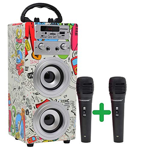 DYNASONIC - Cassa Bluetooth portatile con Karaoke modalità Eco 10W, microfoni inclusi, TWS, Radio FM, Lettore USB e SD compatibile con computer e telefoni (2 TWS, 2 microfoni)