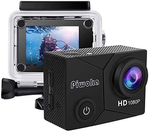 Piwoka Action Cam 1080P 12MP FHD 30M Impermeabile Fotocamera Subacquea con Schermo 2 Pollici 140 Gradi Ampia Vista Grandangolare Accessori Completi