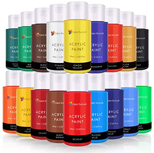 Acrylic Paint Set By Color Technik, Artist Quality, LARGE SET - 18x59ml (2-Ounce) Bottles, Best Colors For Painting Canvas, Wood, Clay, Fabric, Nail Art & Ceramic, Rich Pigments, Heavy Body, GIFT BOX