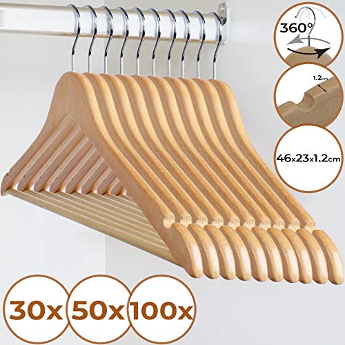 Jago Grucce Appendiabiti di Legno - Set da 30/50/100 - Laccato con Spalline Larghe e Barra Porta, Rotante a 360 Gradi - per Pantaloni, Completi, Cappotti, Camicie e Camicette