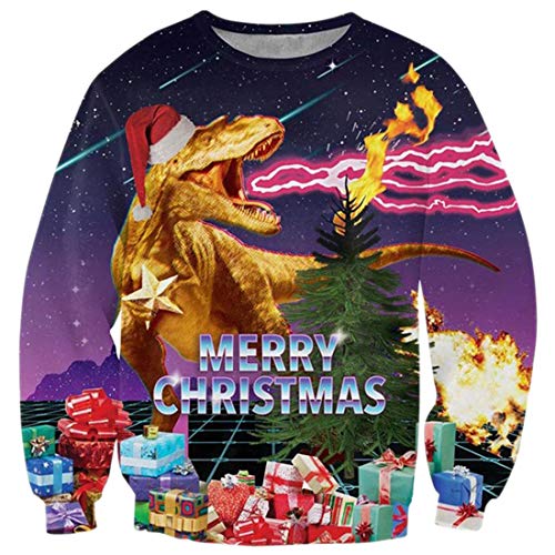TUONROAD Uomo Christmas Sweatshirt Dinosauro 3D Stampato Ugly Xmas Pullover Donna Crewneck Funny Sweater Maglione di Natale Unisex - M