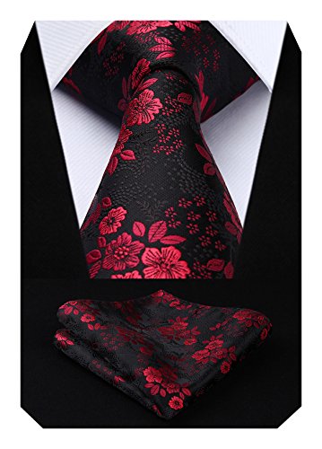 HISDERN Rosso e Nero Cravatta da Uomo Paisley Floreale Extra Lungo e Fazzoletto 8.5cm Cravatte e Fazzoletti Set Formale Matrimonio(160cm)
