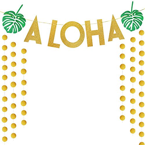 SIMUER Tropical Luau Hawaiian Summer Party Supplies Glitter Paper Garland Circle Dots & Hawaii ALOHA Banner Hanging Decor for Christmas docce da sposa, feste di compleanno, baby shower (oro)