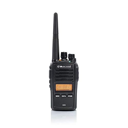 Midland G18 Radio Ricetrasmittente Walkie Talkie - 1 Ricetrasmettitore Semi Professionale, Pacco Batteria Ricaricabile Li-Ion (1600 Mah), Caricabatterie da Tavolo, Adattatore da Muro, Aggancio Cintura