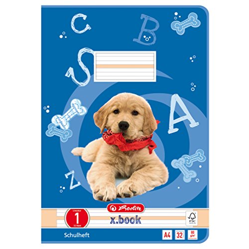 Herlitz - Quaderni formato A4, 32 pagine, a righe con sfondo colorato; certificazione FSC; confezione da 10 pezzi, motivi assortiti A4 rigatura 01, 5 motivi: cane