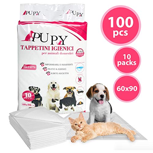 PUPY 100 Tappetini Igienici per Cani 60x90 | Traversine di Ultima Generazione con Polimeri Super Assorbenti | 4 Angoli Adesivi | Traverse per Cani Gatti e Animali Domestici (60X90)