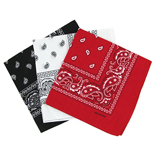 Set di 3 bandanas paisley in cotone, modello cachemire, bianco, nero e rosso