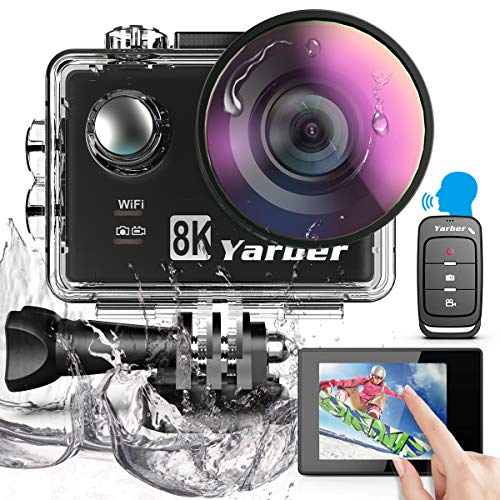 Yarber Action Cam, 8K 20MP Wi-Fi Impermeabile 30M Touch Screen EIS Comando Vocale con Telecomando Fotocamera Subacquea Digitale 8 Volte Zoom Hyper Stabilizzazione Videocamera
