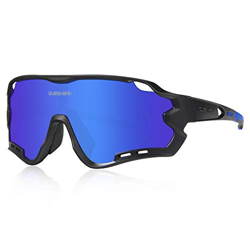Queshark Polarizzati Occhiali Ciclismo con 4 Lenti Intercambiabili Occhiali Bici Occhiali Sportivi da Sole Anti UV da Uomo Donna per Corsa,MTB (Nero Blu)