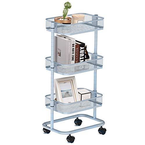 alvorog Carrello Cucina in Metallo, Carrello Portaoggetti con 3 Cesti di Filo Metallico, Altezza Regolabile, Assemblaggio Senza Viti, Scaffale con Ruote, per Cucina, Bagno e Studio - Grigio