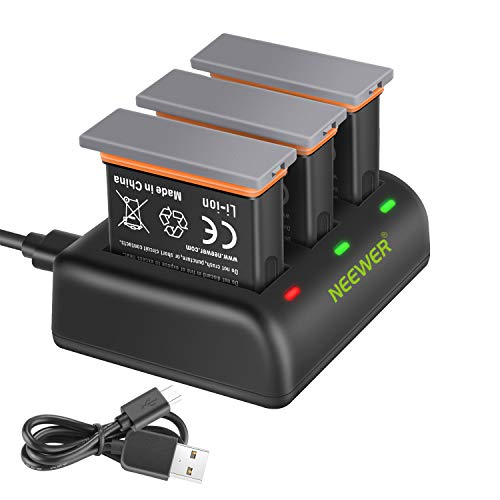 Neewer Set di Batterie & Caricabatterie, Compatibile con DJI OSMO Action Camera (3 Batterie 1300mAh AB1 di Ricambio, Caricatore a 3 Canali con Input Micro USB & Type C), Adatto a Originale