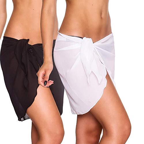 VDSOW 2 Pezzi Pareo Mare Donna, Pareo Bianco e Nero Mezzo Beach Cover up Beach Wrap Sarong per Le Donne Ragazze, Copricostume Corto del Chiffon Pareo da Spiaggia per Vacanza Party Beachwear