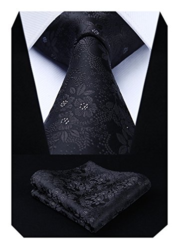HISDERN Nero Cravatta da Uomo Paisley Floreale Extra Lungo e Fazzoletto 8.5cm Cravatte e Fazzoletti Set Formale Matrimonio(160cm)