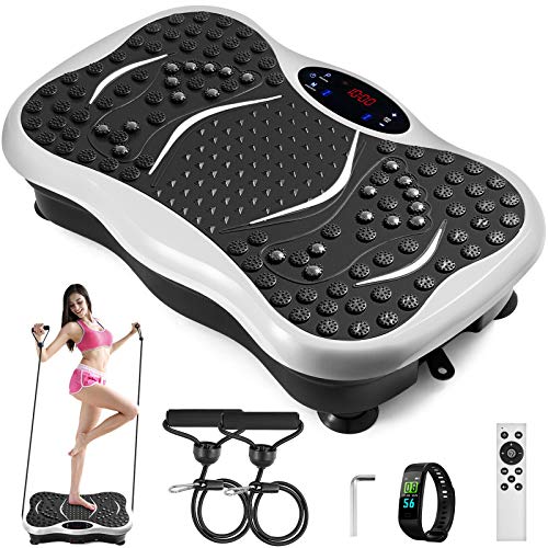 VEVOR JF-CFM21 Bianco Fitness Pedana Vibrante per Tutto Il Corpo Fitness per la Casa e L'Ufficio con LCD Bluetooth 2 x Bande di Resistenza 1 x Braccialetto Fitness Lettore Musicale Bianco