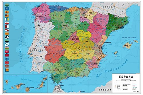 Grupo Erik GPE5030 Poster Mappa España Fisico Politico, carta, Multicolore, 91 x 61,5 x 0,1 cm