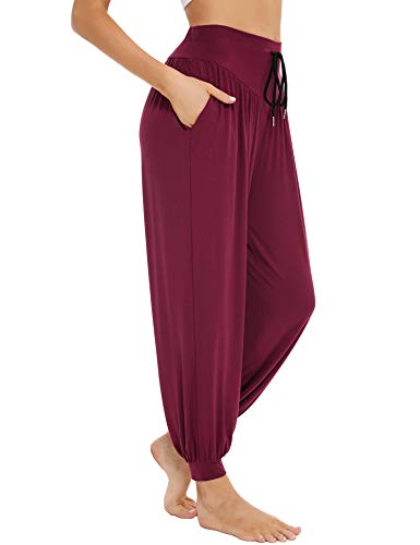 Sykooria Pantaloni da Yoga Donna Larghi Alta Vita Pantaloni Harem Elasticità Modal Cotone con Tasche - Fucsia XL