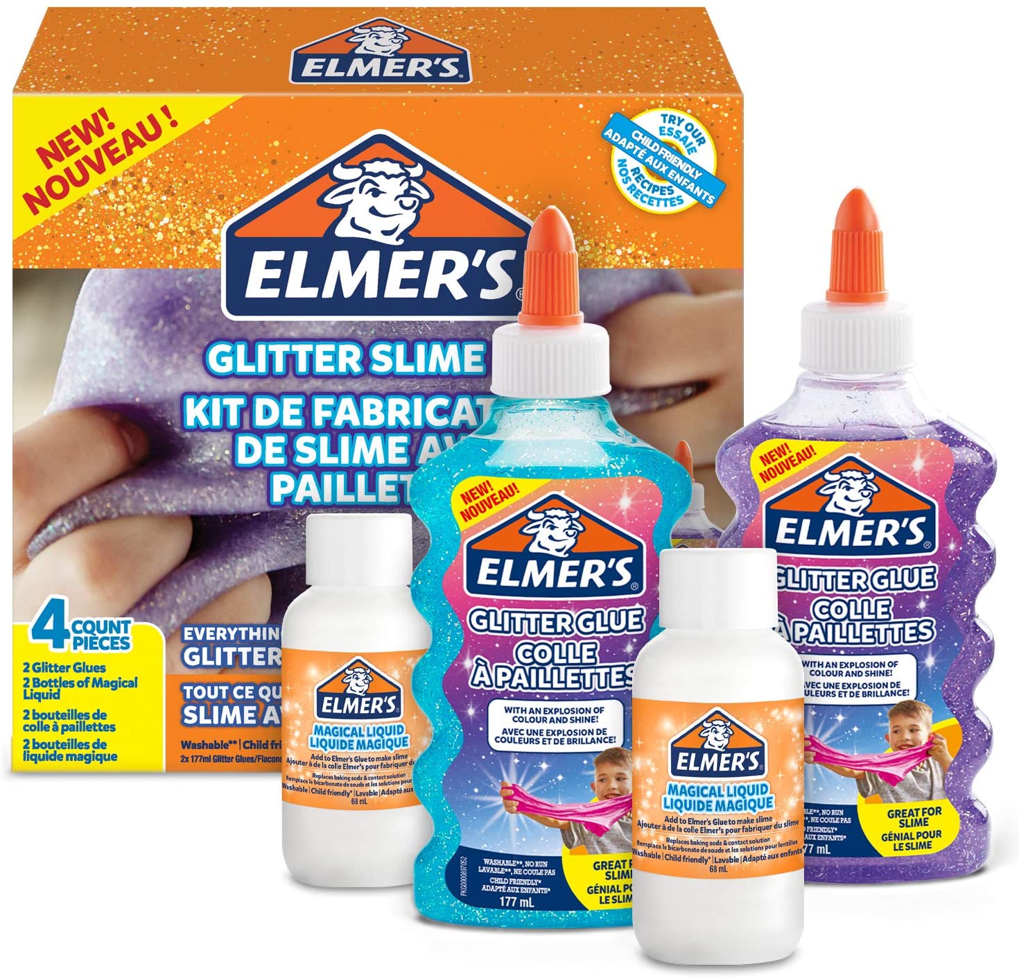 ELMER’S Kit Glitterato per Slime con Colla Glitterata Viola e Blu e 2 Flaconi di Liquido Magico Attivatore di Slime, 4 Pezzi