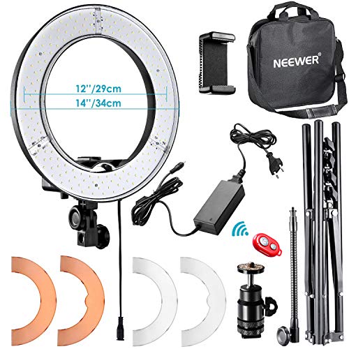 Neewer 36cm Luce LED Anulare Esterno 32W 5500K con Light Stand/Braccetto Flessibile/2 Filtri Colorati/Adattatore Hotshoe/Ricevitore Bluetooth per Smartphone, Youtube, Auto-riprese