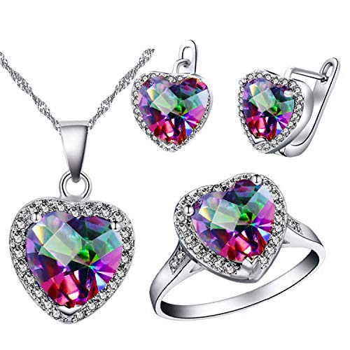 Uloveido arcobaleno Mystic Topaz bridal set anello orecchini e collana a forma di cuore amore set T481 e ottone, 13,5, cod. T481-CAI-7